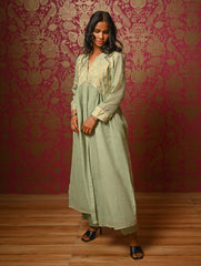 Regal Elegance. Benaras Cotton Long Dress / Kurta Set - Mint Ornate, (2 pc set)