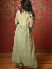 Regal Elegance. Benaras Cotton Long Dress / Kurta Set - Mint Ornate, (2 pc set)