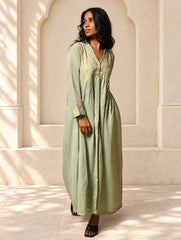 Regal Elegance. Benaras Cotton Long Dress / Kurta Set - Mint Ornate, (2 pc set)