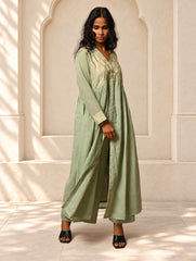 Regal Elegance. Benaras Cotton Long Dress / Kurta Set - Mint Ornate, (2 pc set)