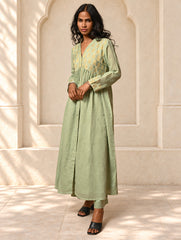 Regal Elegance. Benaras Cotton Long Dress / Kurta Set - Mint Ornate, (2 pc set)