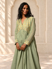 Regal Elegance. Benaras Cotton Long Dress / Kurta Set - Mint Ornate, (2 pc set)