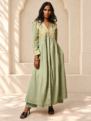 Regal Elegance. Benaras Cotton Long Dress / Kurta Set - Mint Ornate, (2 pc set)