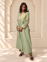 Regal Elegance. Benaras Cotton Long Dress / Kurta Set - Mint Ornate, (2 pc set)