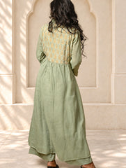 Regal Elegance. Benaras Cotton Long Dress / Kurta Set - Mint Ornate, (2 pc set)