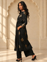 Regal Elegance. Benarasi Chanderi Straight Kurta Set - Black & Gold, (2 pc set)