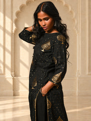 Regal Elegance. Benarasi Chanderi Straight Kurta Set - Black & Gold, (2 pc set)