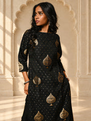 Regal Elegance. Benarasi Chanderi Straight Kurta Set - Black & Gold, (2 pc set)