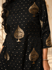Regal Elegance. Benarasi Chanderi Straight Kurta Set - Black & Gold, (2 pc set)