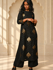 Regal Elegance. Benarasi Chanderi Straight Kurta Set - Black & Gold, (2 pc set)
