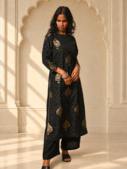 Regal Elegance. Benarasi Chanderi Straight Kurta Set - Black & Gold, (2 pc set)