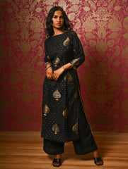 Regal Elegance. Benarasi Chanderi Straight Kurta Set - Black & Gold, (2 pc set)
