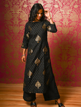 Regal Elegance. Benarasi Chanderi Straight Kurta Set - Black & Gold, (2 pc set)