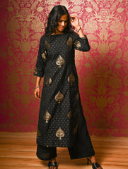 Regal Elegance. Benarasi Chanderi Straight Kurta Set - Black & Gold, (2 pc set)