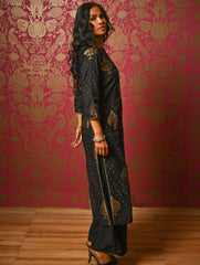Regal Elegance. Benarasi Chanderi Straight Kurta Set - Black & Gold, (2 pc set)