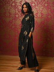Regal Elegance. Benarasi Chanderi Straight Kurta Set - Black & Gold, (2 pc set)