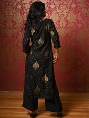 Regal Elegance. Benarasi Chanderi Straight Kurta Set - Black & Gold, (2 pc set)