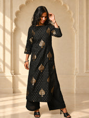 Regal Elegance. Benarasi Chanderi Straight Kurta Set - Black & Gold, (2 pc set)