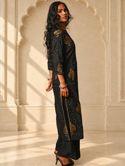Regal Elegance. Benarasi Chanderi Straight Kurta Set - Black & Gold, (2 pc set)