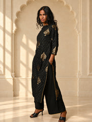 Regal Elegance. Benarasi Chanderi Straight Kurta Set - Black & Gold, (2 pc set)