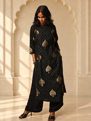 Regal Elegance. Benarasi Chanderi Straight Kurta Set - Black & Gold, (2 pc set)