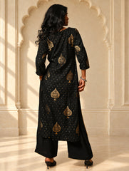 Regal Elegance. Benarasi Chanderi Straight Kurta Set - Black & Gold, (2 pc set)