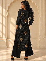 Regal Elegance. Benarasi Chanderi Straight Kurta Set - Black & Gold, (2 pc set)