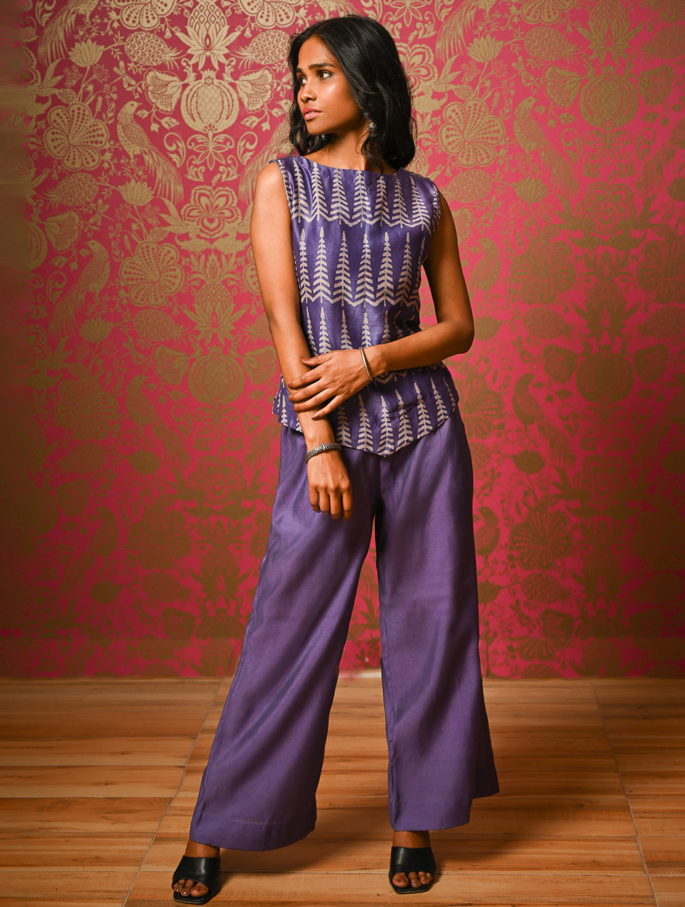 Elegant Dabu Block Printed Chanderi Trouser Set - Lavender Forest, (2 pc set)
