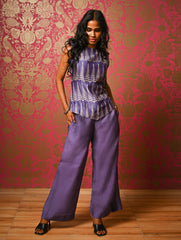 Elegant Dabu Block Printed Chanderi Trouser Set - Lavender Forest, (2 pc set)