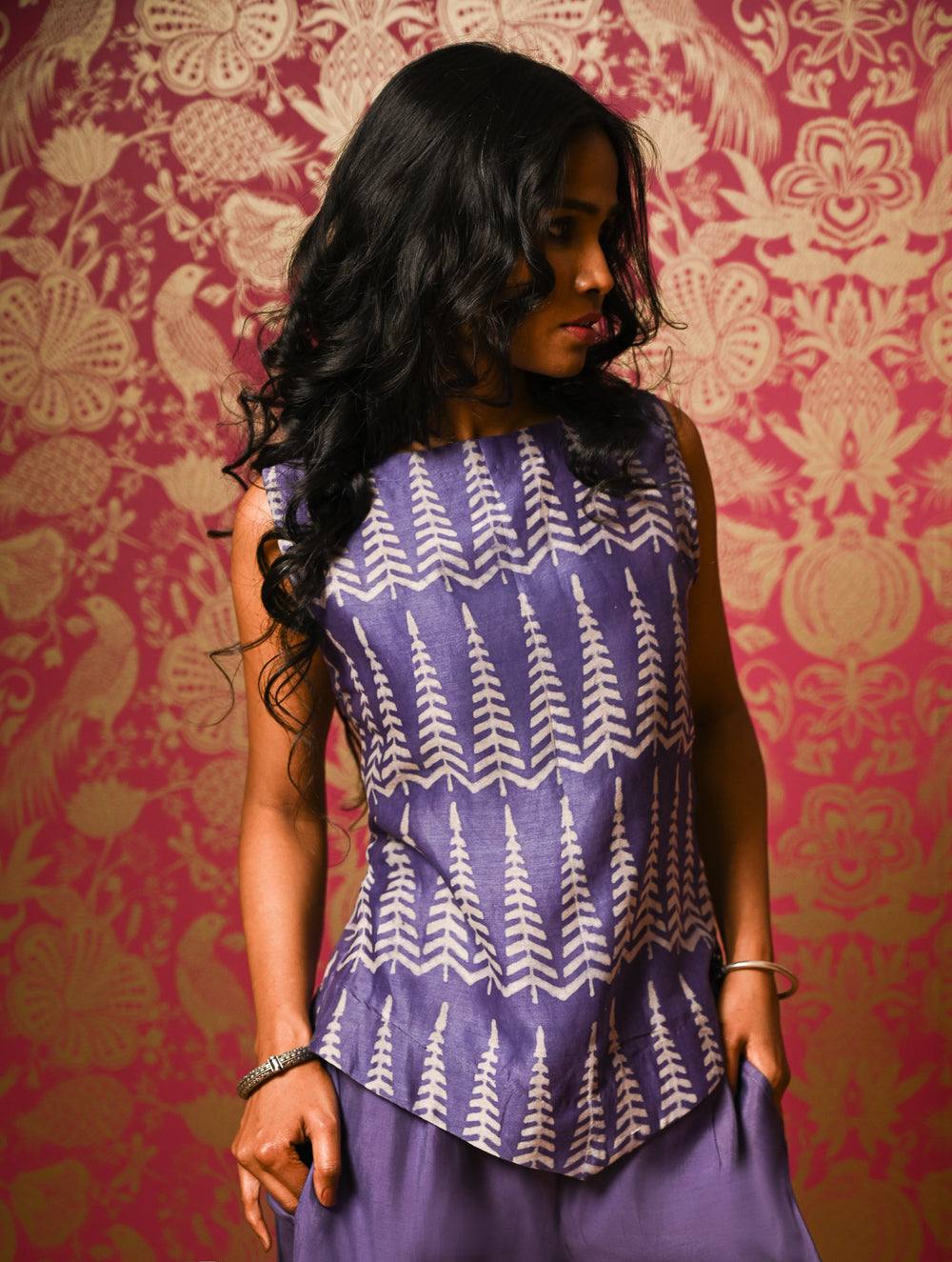 Elegant Dabu Block Printed Chanderi Trouser Set - Lavender Forest, (2 pc set)