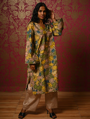 Exclusive, Authentic Kalamkari Cotton Loose Fit Kurta Set - Soft Grey Flora, (2 pc set)