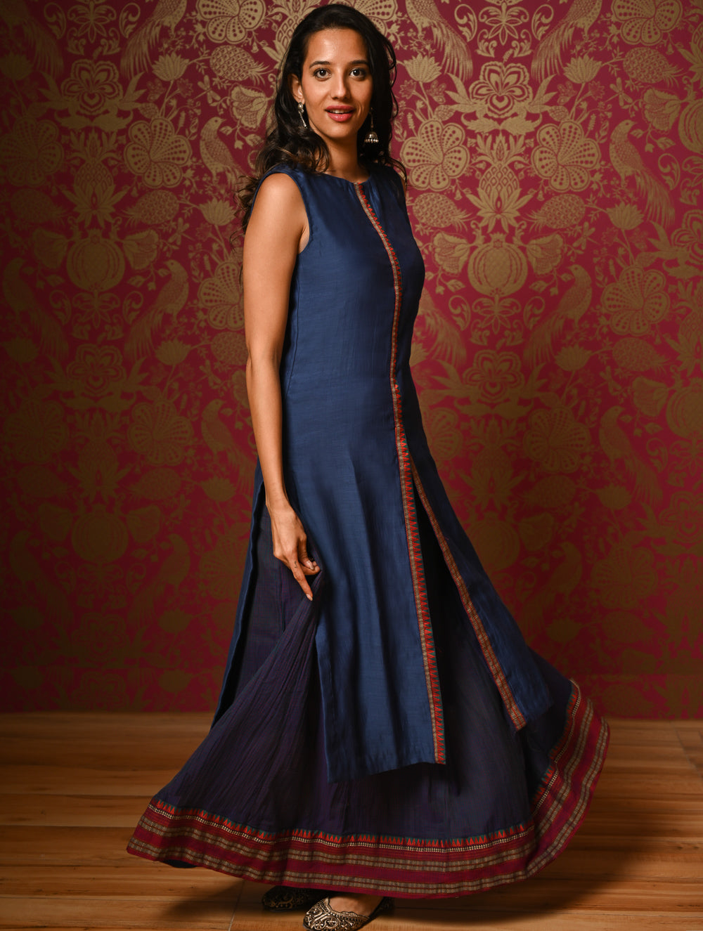 Light Festive. Soft Mul Cotton & Chanderi Narayanpet Kali Skirt & Long Kurta Set - Sapphire Moods, (2 pc set)