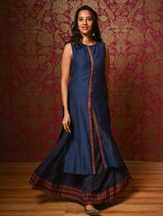 Light Festive. Soft Mul Cotton & Chanderi Narayanpet Kali Skirt & Long Kurta Set - Sapphire Moods, (2 pc set)