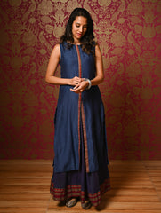 Light Festive. Soft Mul Cotton & Chanderi Narayanpet Kali Skirt & Long Kurta Set - Sapphire Moods, (2 pc set)