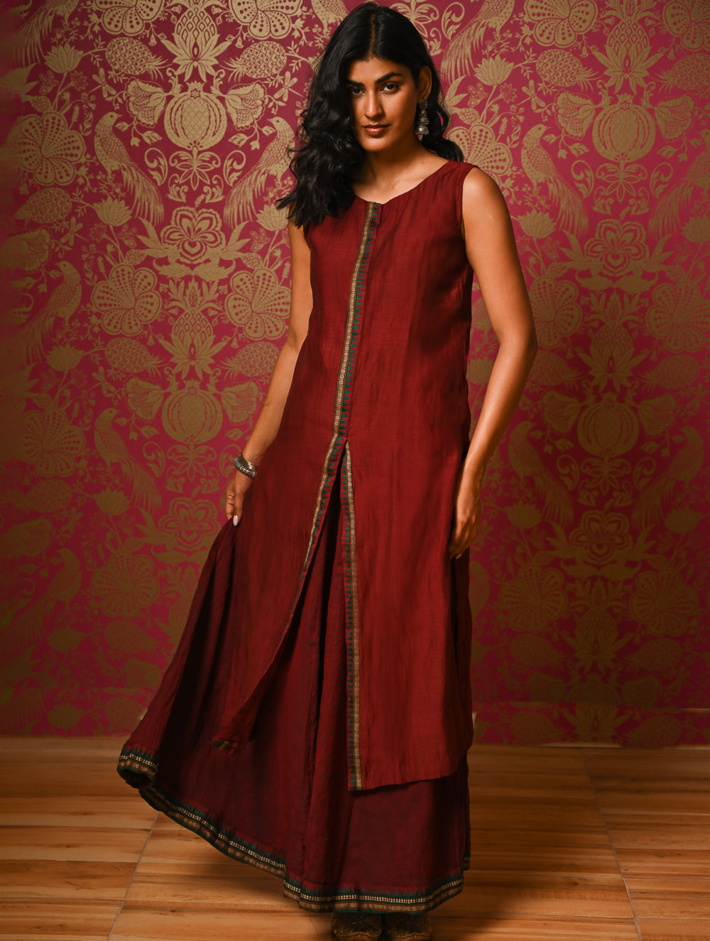 Light Festive. Soft Mul Cotton & Chanderi Narayanpet Kali Skirt & Long Kurta Set - Summer Wine, (2 pc set)