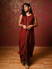 Light Festive. Soft Mul Cotton & Chanderi Narayanpet Kali Skirt & Long Kurta Set - Summer Wine, (2 pc set)
