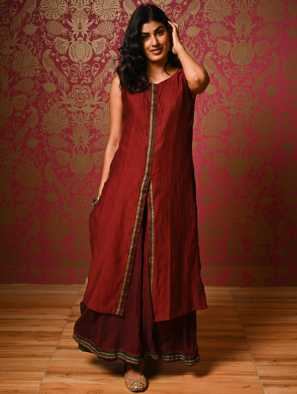 Light Festive. Soft Mul Cotton & Chanderi Narayanpet Kali Skirt & Long Kurta Set - Summer Wine, (2 pc set)
