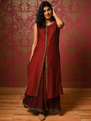 Light Festive. Soft Mul Cotton & Chanderi Narayanpet Kali Skirt & Long Kurta Set - Summer Wine, (2 pc set)