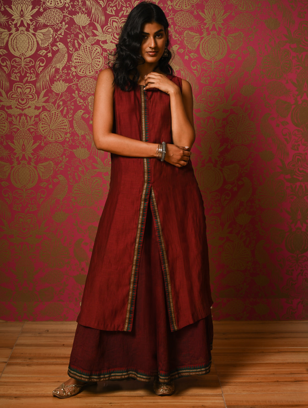 Light Festive. Soft Mul Cotton & Chanderi Narayanpet Kali Skirt & Long Kurta Set - Summer Wine, (2 pc set)
