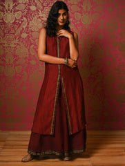 Light Festive. Soft Mul Cotton & Chanderi Narayanpet Kali Skirt & Long Kurta Set - Summer Wine, (2 pc set)