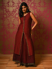Light Festive. Soft Mul Cotton & Chanderi Narayanpet Kali Skirt & Long Kurta Set - Summer Wine, (2 pc set)