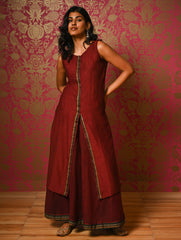 Light Festive. Soft Mul Cotton & Chanderi Narayanpet Kali Skirt & Long Kurta Set - Summer Wine, (2 pc set)