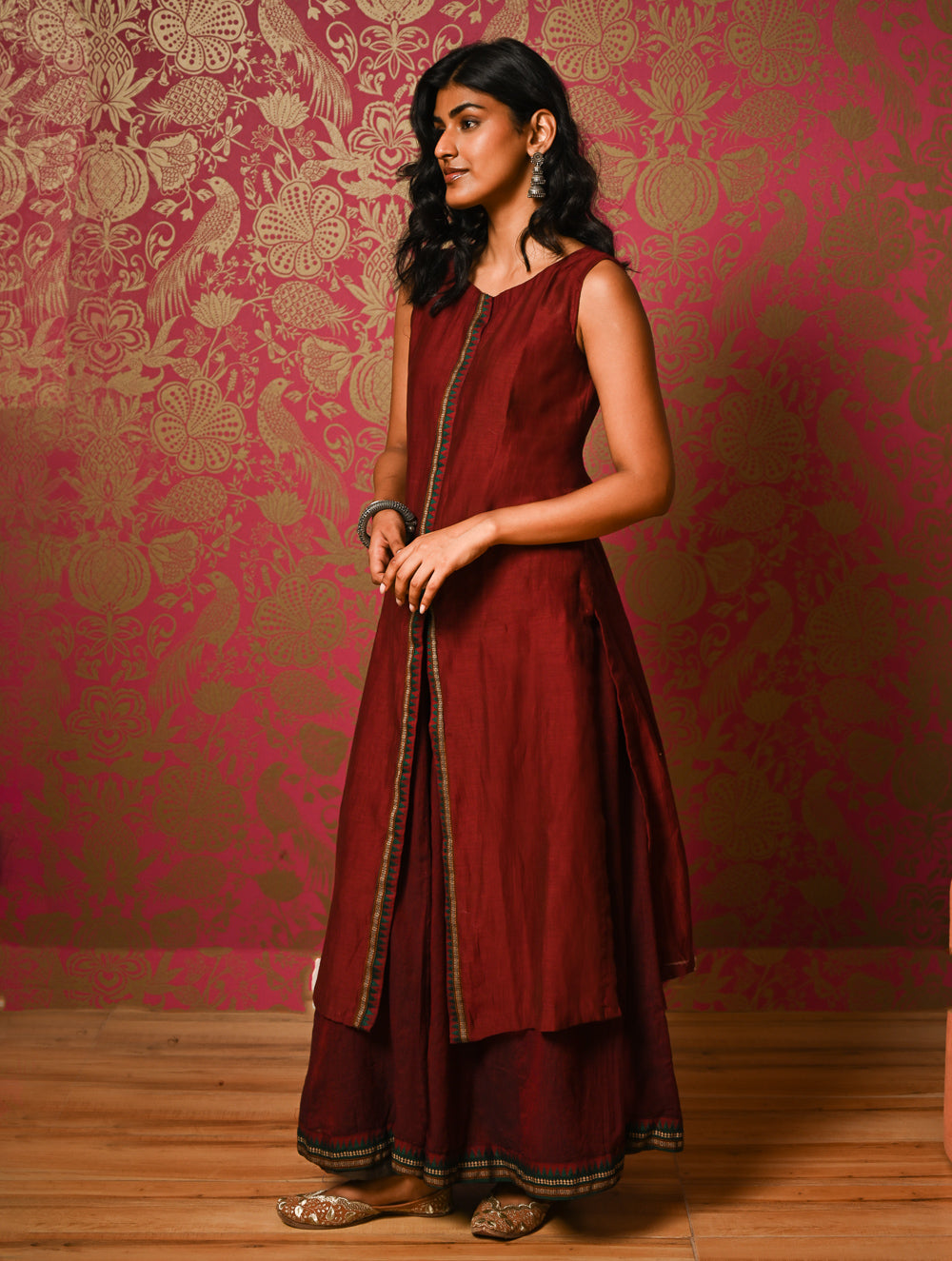 Light Festive. Soft Mul Cotton & Chanderi Narayanpet Kali Skirt & Long Kurta Set - Summer Wine, (2 pc set)