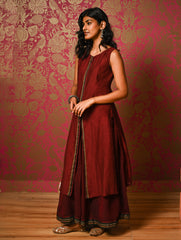 Light Festive. Soft Mul Cotton & Chanderi Narayanpet Kali Skirt & Long Kurta Set - Summer Wine, (2 pc set)