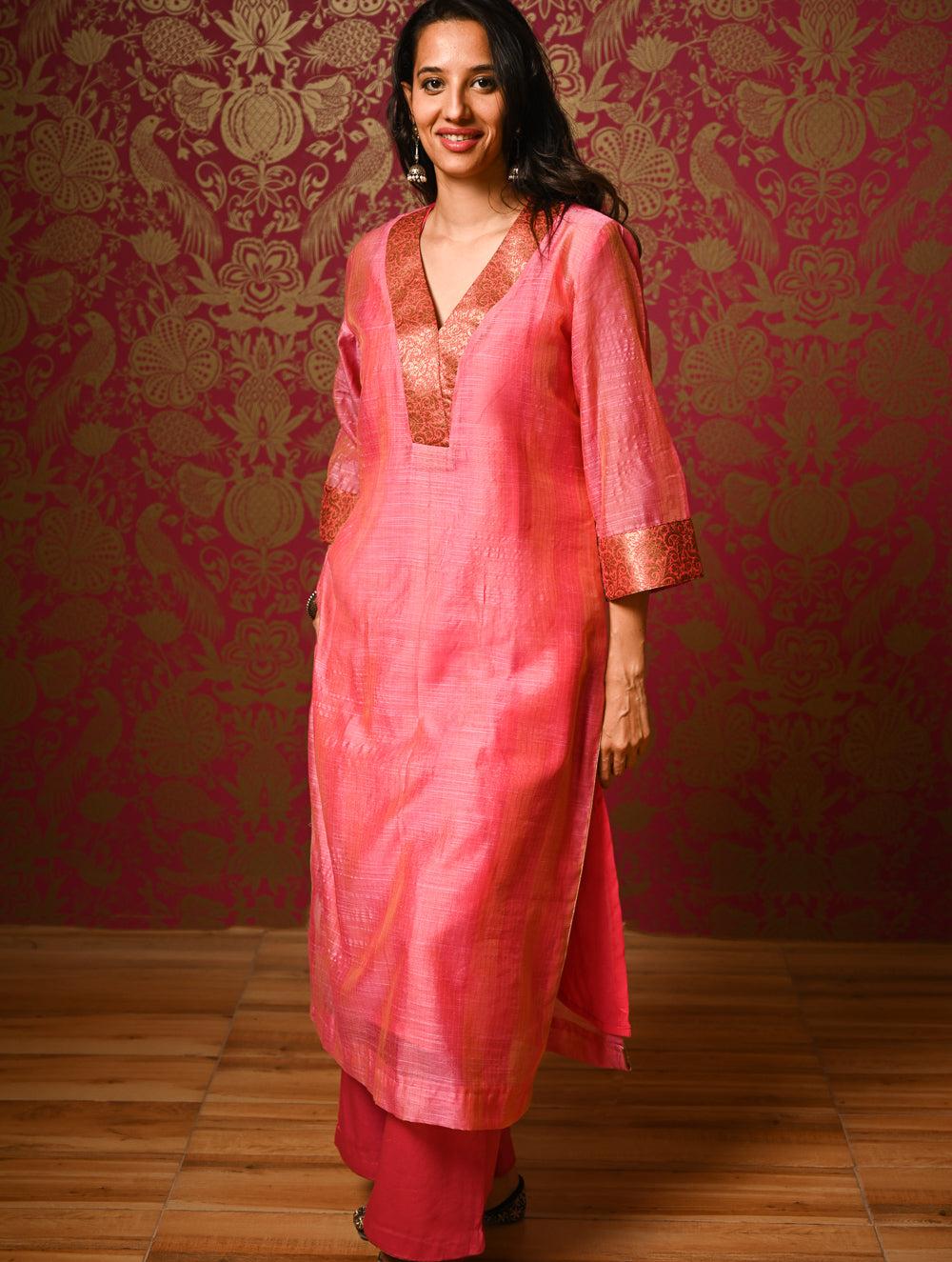 Light Festive. Soft Chanderi & Benarasi Brocade Long Kurta Set - Gulnaar, (2 pc set)