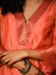 Light Festive. Soft Chanderi & Benarasi Brocade Long Kurta Set - Narangi, (2 pc set)