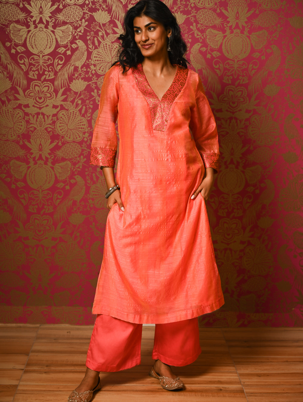 Light Festive. Soft Chanderi & Benarasi Brocade Long Kurta Set - Narangi, (2 pc set)