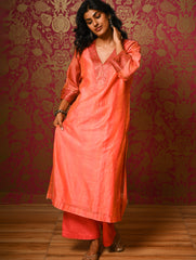 Light Festive. Soft Chanderi & Benarasi Brocade Long Kurta Set - Narangi, (2 pc set)