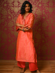 Light Festive. Soft Chanderi & Benarasi Brocade Long Kurta Set - Narangi, (2 pc set)