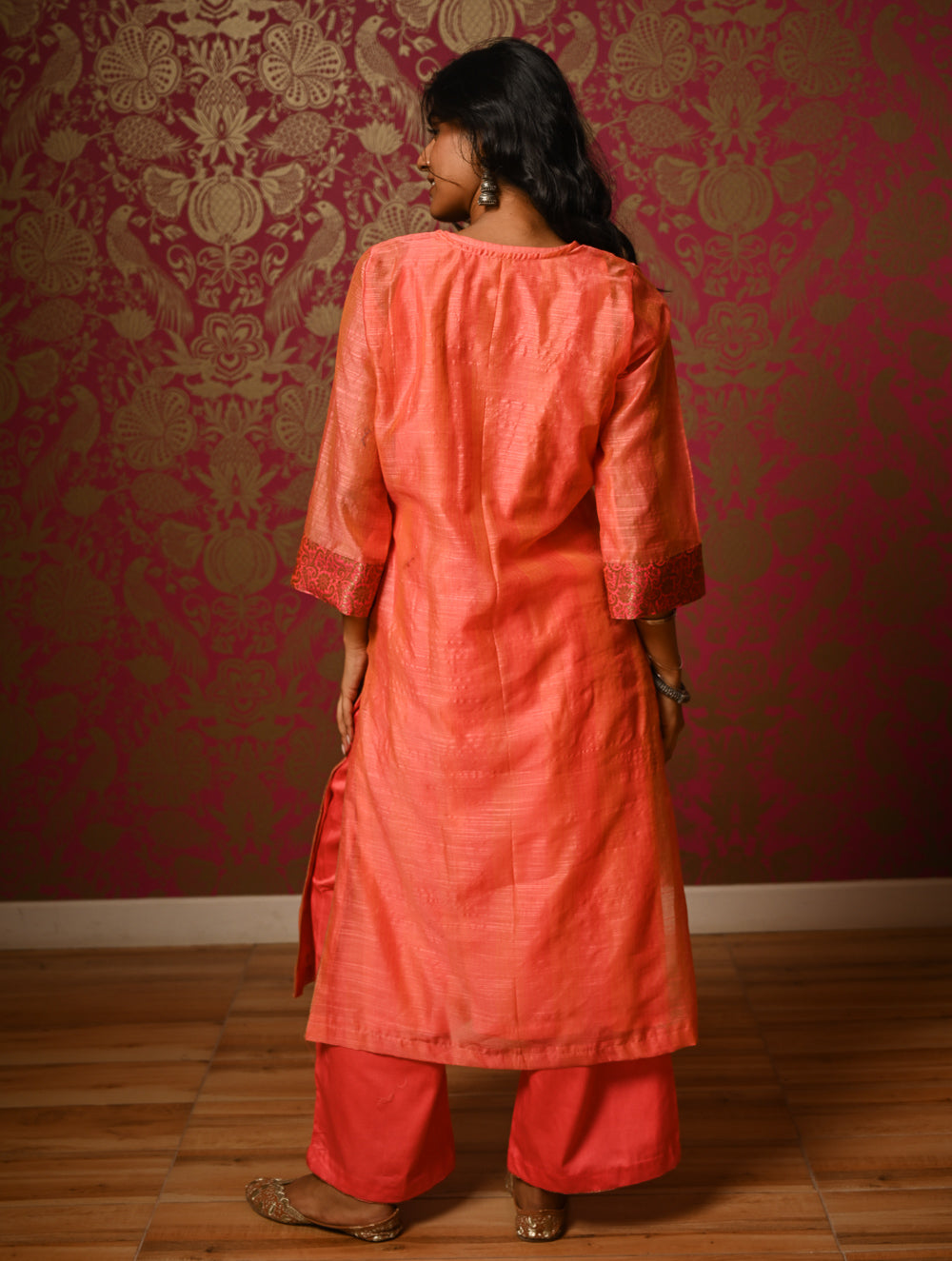 Light Festive. Soft Chanderi & Benarasi Brocade Long Kurta Set - Narangi, (2 pc set)